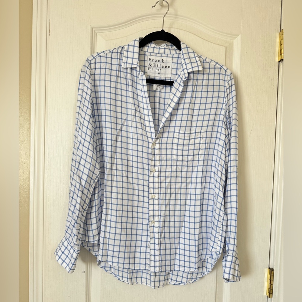 Frank & Eileen “Eileen” Button Front Shirt XS Blue Windowpane Plaid 100% Modal